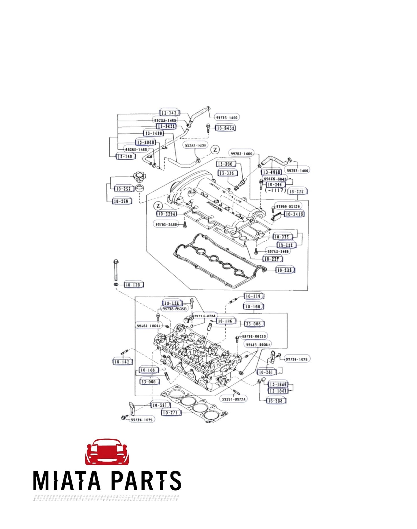 Miata Parts NZ genuine cylinder head bolt diagram for Mazda MX5 NA and NB engines from 1989 to 2005.