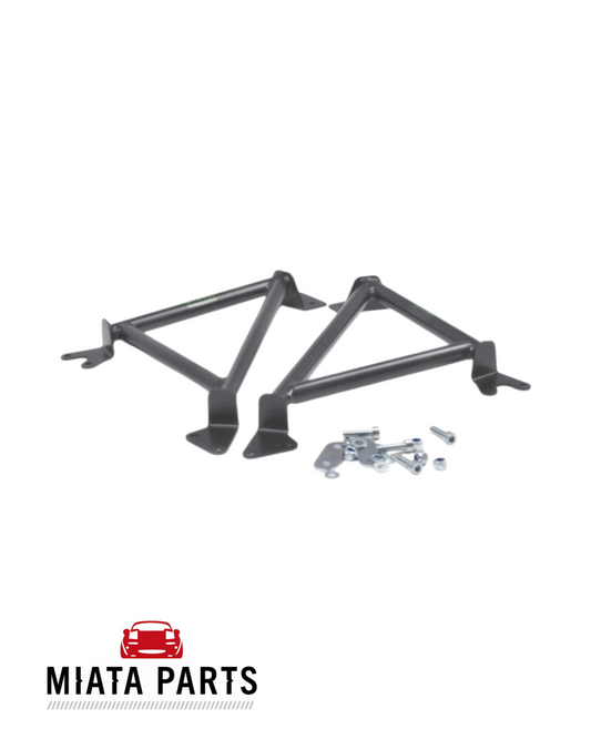 Miata Parts NZ Cybul frog arms guard braces in graphite grey steel for Mazda MX5 NA and NB with installation hardware