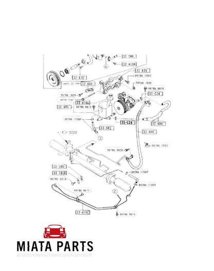 Miata Parts NZ diagram of MX5 NA power steering return hose lower, part number 32-410C, for 1989-1997 models.