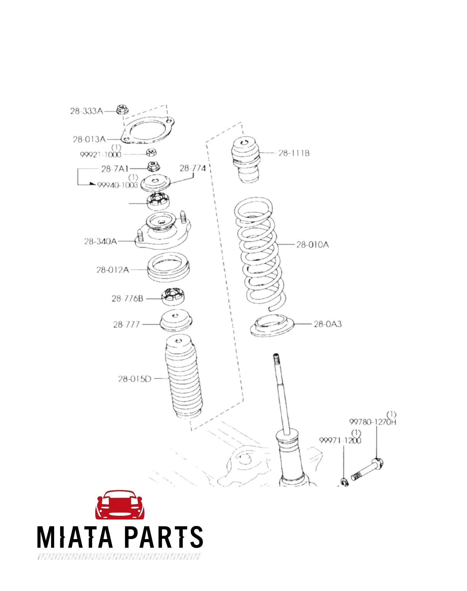 Genuine Mazda MX5 NB front and rear suspension upper damper bush diagram from Miata Parts NZ