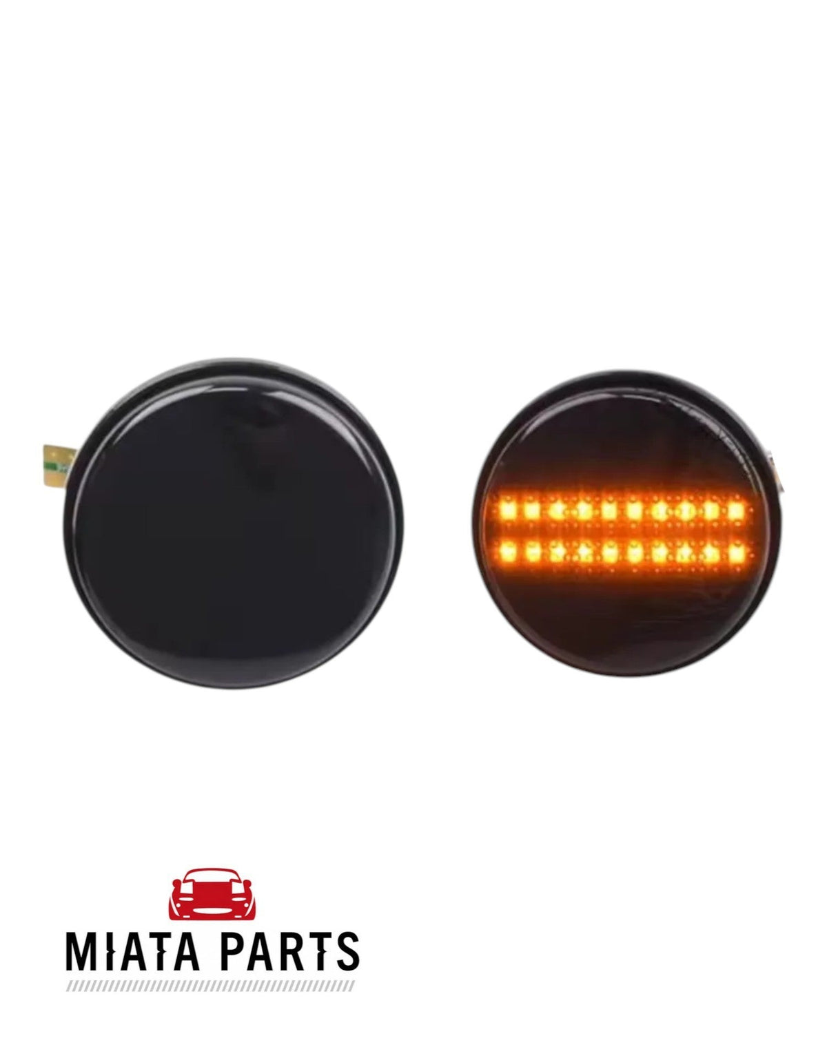 Miata Parts NZ smoked LED front indicator lights for Mazda MX5 NA NB NC models showing off and on states